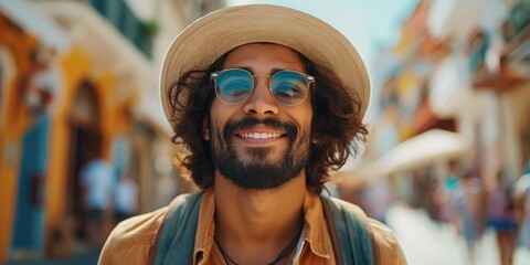 Smiling man with a hat and sunglasses enjoys a sunny day in a colorful town, exuding joy