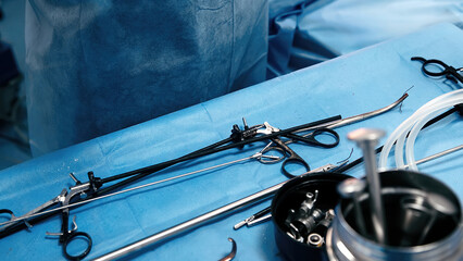 Endoscope on the surgical table during laparoscopic surgery. Concept of surgery, health and modern...