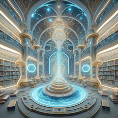 virtual view of golden-blue  Akashi library extraterrestrial magical  space. knowledge  mystery concept. Ai generated. - 770513506