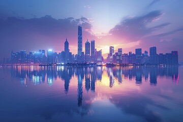 Naklejka premium the panoramic view of a smart city skyline at twilight, showcasing interconnected buildings with IoT technology.