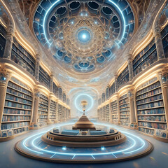 virtual view of golden-blue  Akashi library extraterrestrial magical  space. knowledge  mystery concept. Ai generated. - 770513749