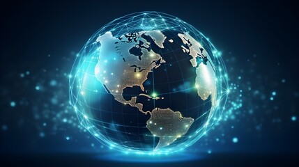 Naklejka na ściany i meble digital world, centered on America, enables global connectivity, high-speed data transfer, cyber technology, information exchange, and international communication.