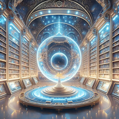 virtual view of golden-blue  Akashi library extraterrestrial magical  space. knowledge  mystery concept. Ai generated. - 770513781