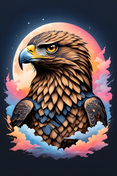 A digital artwork depicting a majestic hawk with brightly colored feathers , silhouetted against a full moon in the night sky. 