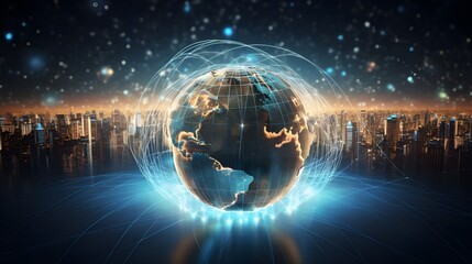 Obraz premium digital world, centered on America, enables global connectivity, high-speed data transfer, cyber technology, information exchange, and international communication.