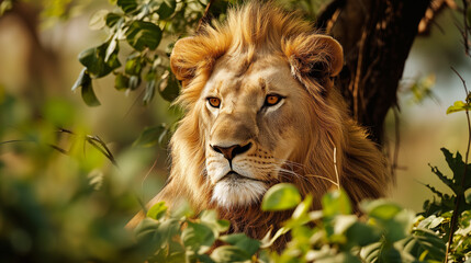 portrait of a lion, Close up shot in front of a majestic male lion, Lalibela Game Reserve, Eastern...
