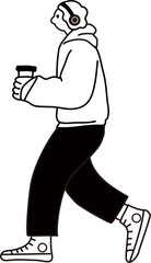 コーヒーを持って歩く男性の線画ベクター