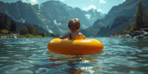 A baby sits on an inflatable raft floating on the water. - obrazy, fototapety, plakaty