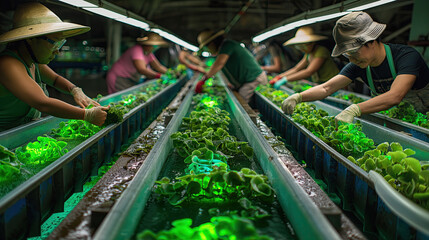 Workers Tending to Plants in a Bright Indoor Hydroponic Farm - obrazy, fototapety, plakaty