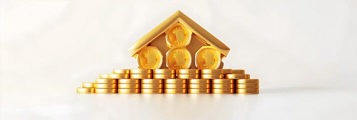 House icon from money and gold bars with dollar and bitcoin coins, Gold bars for website. 3d rendering of gold bars.with white background.

