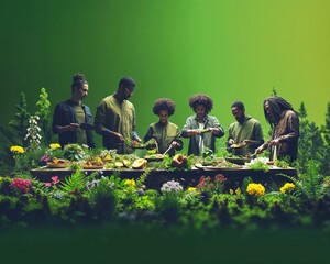Diverse group of millennials finding connection in nature through a collaborative forest cooking workshop