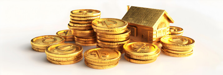 A pile of gold coins with the word " euro " on the top, The concept home of money stack step saving money white ground scene, white background.

