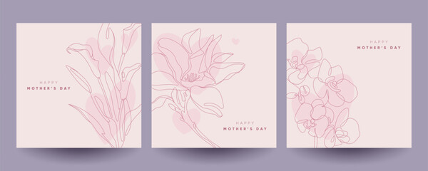 Happy Mother's Day greeting cards set with flowers and hearts. Continuous line art illustrations. 