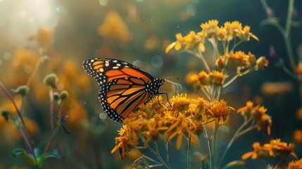 Portrait of monarch butterfly on yellow flower - obrazy, fototapety, plakaty