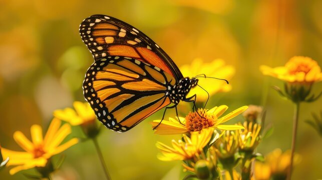 Portrait of monarch butterfly on yellow flower