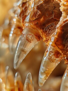 Macro image of a dinosaur tooth wear pattern, highlighting dietary habits and feeding behavior, ideal for paleoecology studies