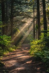 Obraz premium Morning rays streak across a woodland trail, inviting a quiet wander amidst the trees