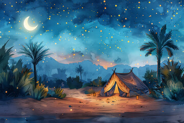 A painting of a tent in the middle of a desert. Magical Ramadan greeting card design. - obrazy, fototapety, plakaty