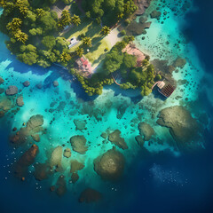 Aerial view of a tropical island with coral reefs. 