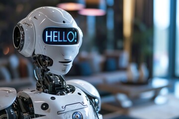 close-up view of a nice clean detailed futuristic robotic housekeeper robot-android saying "HELLO!"