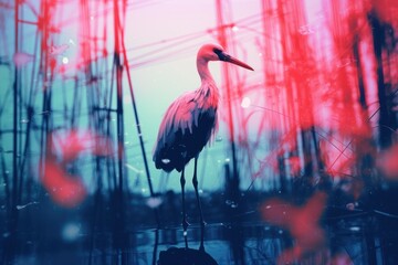 Glitch-art abstract scene bamboo forest with pink flamingo birds walking between straight bamboo stalks