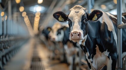 Dairy cows stand in modern facilities, as machines handle the milking operations efficiently