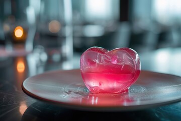 minimalists style close up creative angle view of a gentle pink jelly dessert in shape of heart, served stylish in a luxury restaurant