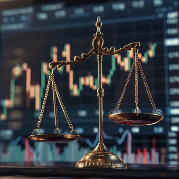 Scales of justice overshadowing a bullish stock market chart, symbolizing the legalities in trading