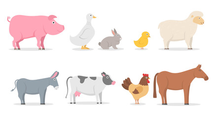 Collection of cute cartoon characters isolated on white background. Farm animals set in flat style. Husbandry set pig, duck, rabbit, sheep, donkey, cow, horse, rooster, chicken, goose. Vector.
