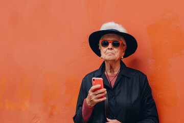Portrait of an elderly woman wearing sunglasses against a bright wall on a sunny day.