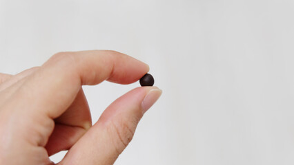 Fingers holding a small black ball, which is a traditional form of Chinese medicine. With copy space on the right.