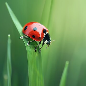 Vivid detail of a ladybug on a green blade of grass, with its red shell and black spots standing out, suitable for insectthemed images
