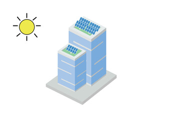 Building with Solar Panels on the Roof. Energy Effective Building. Flat style. Isolated on white background.