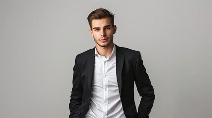 Fototapeta premium Portrait of a businessman in a black business suit on a white studio background