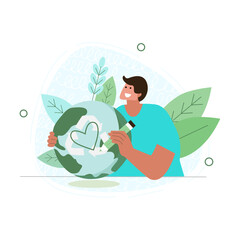 Vector illustration on a white isolated background with a guy hugging the planet earth and drawing a heart on it. Love and care for the planet.