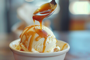 A scoop of creamy caramel ice cream drizzled with sticky caramel sauce.
