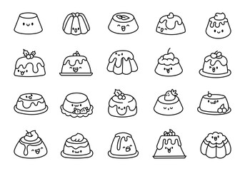 Cute kawaii pudding. Coloring Page. Happy cake cartoon character. Funny food. Hand drawn style. Vector drawing. Collection of design elements.