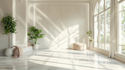 A large, empty room with white walls and a tan floor