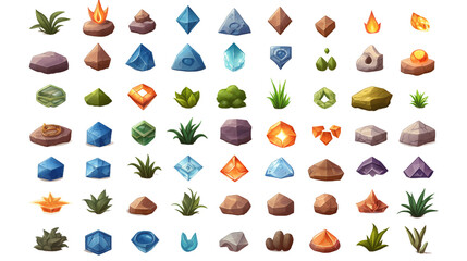 Assortment of crystal and element icons for a fantasy game - obrazy, fototapety, plakaty