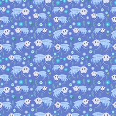 Seamless blue pattern with cute insect fly. Children's print, flat vector