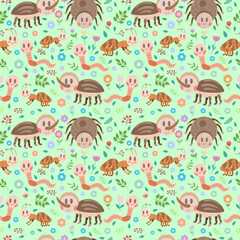 Seamless pattern with cute baby insects - rhinoceros beetle, worm, ant. Children's print, flat vector