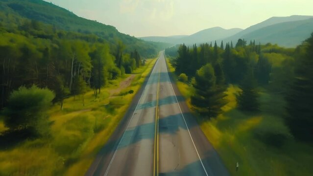 The highway runs parallel to the forest offering glimpses of tall trees and colorful wildflowers as it winds through the landscape. . AI generation.