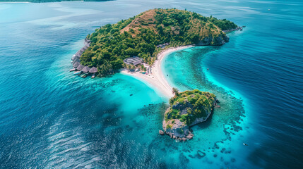 view of island, tropical island in the ocean, Aerial top view beautiful Sea  island and beach in the blue sky - obrazy, fototapety, plakaty