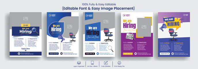 Fototapeta na wymiar Set of editable print flyer or poster template for job vacancy hiring announcement suitable for corporate business company flyer, a4 vertical brochure cover design