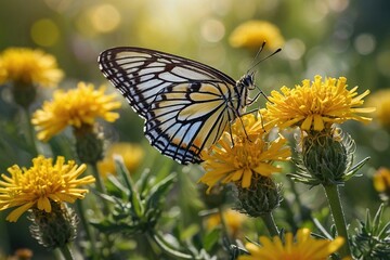 Obraz premium a butterfly sitting on a Yellow flower in spring time with background yellow Color Flowers