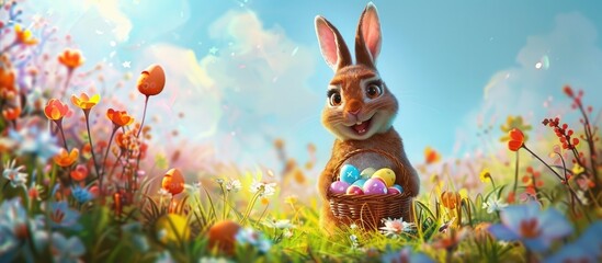 Chubby Rabbit Holding Easter Basket with Blooming Flowers and Blue Sky in Charming Digital - obrazy, fototapety, plakaty