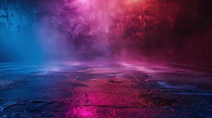 Wet asphalt, night view, neon reflection on the concrete floor. Night empty stage, studio. Dark abstract background. Product Showcase Spotlight Background - generative ai - obrazy, fototapety, plakaty