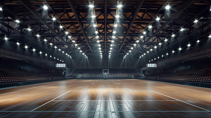 Empty arena, stadium, sports ground with flashlights and fan sits - obrazy, fototapety, plakaty