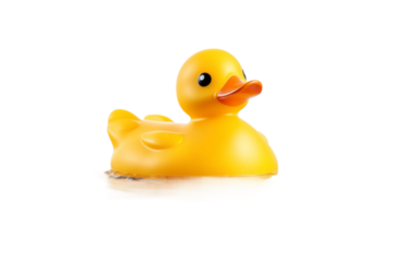 Yellow Rubber Ducky on White Surface. On a White or Clear Surface PNG Transparent Background.