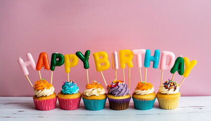 Colorful cupcakes with candles ad Happy Birthday text on wooden table, pink background. Birthday...